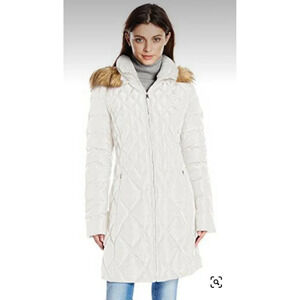 Jessica Simpson Womens Mid Length Diamond Quilted Down Coat Faux Fur Trim Sz 2X
